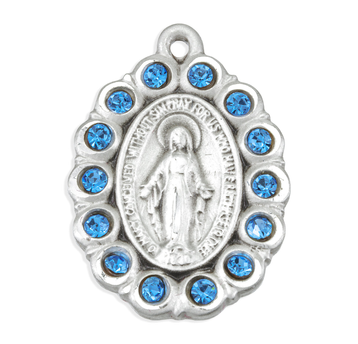 Sterling Silver Oval Miraculous Medal Pendant with Chain Set with Light Sapphire Crystals