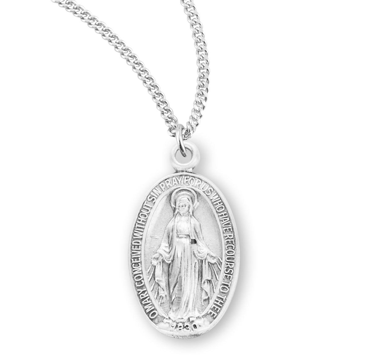 Sterling Silver Oval Miraculous Medal Pendant with Chain