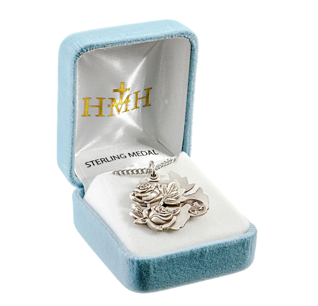 Sterling Silver Double Rose Bud Triple Slide Medal Pendant with Chain