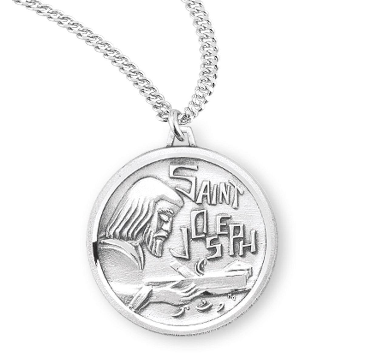 Saint Joseph the Worker Round Sterling Silver Medal Pendant with Chain