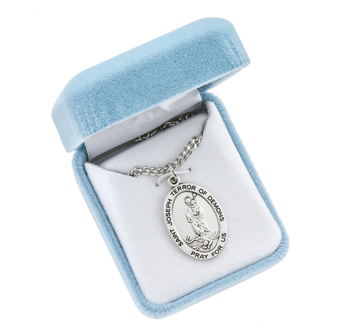 Saint Joseph Terror of Demons Oval Sterling Silver  Medal Pendant with Chain