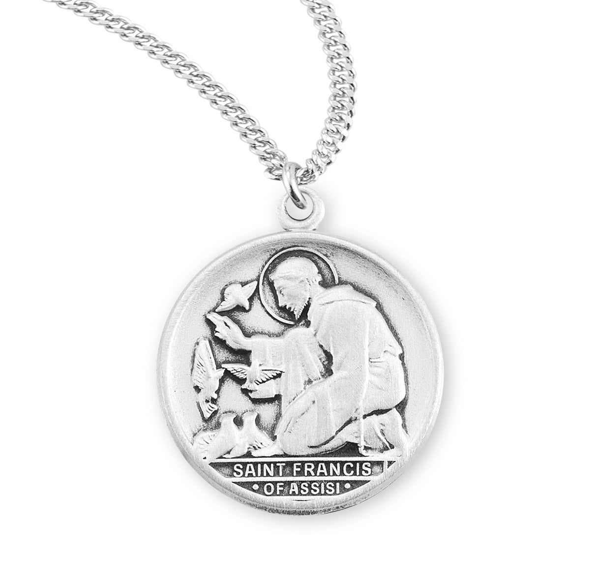 Saint Francis of Assisi Round Sterling Silver Medal Pendant with Chain