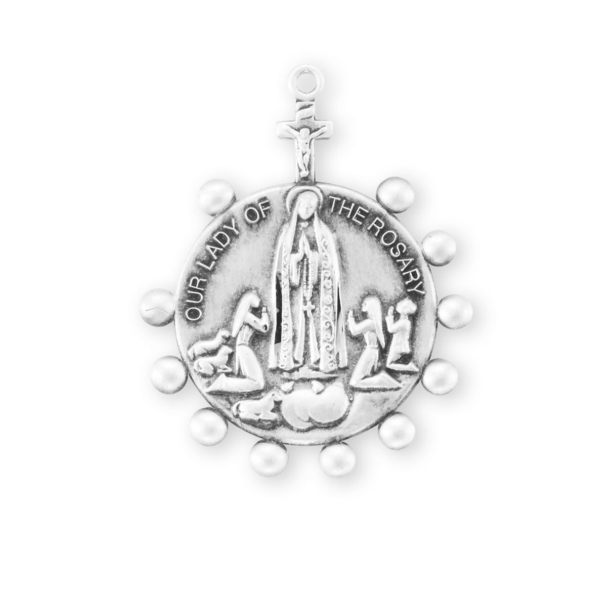 Our Lady of the Rosary Round Sterling Silver Medal Pendant with Chain
