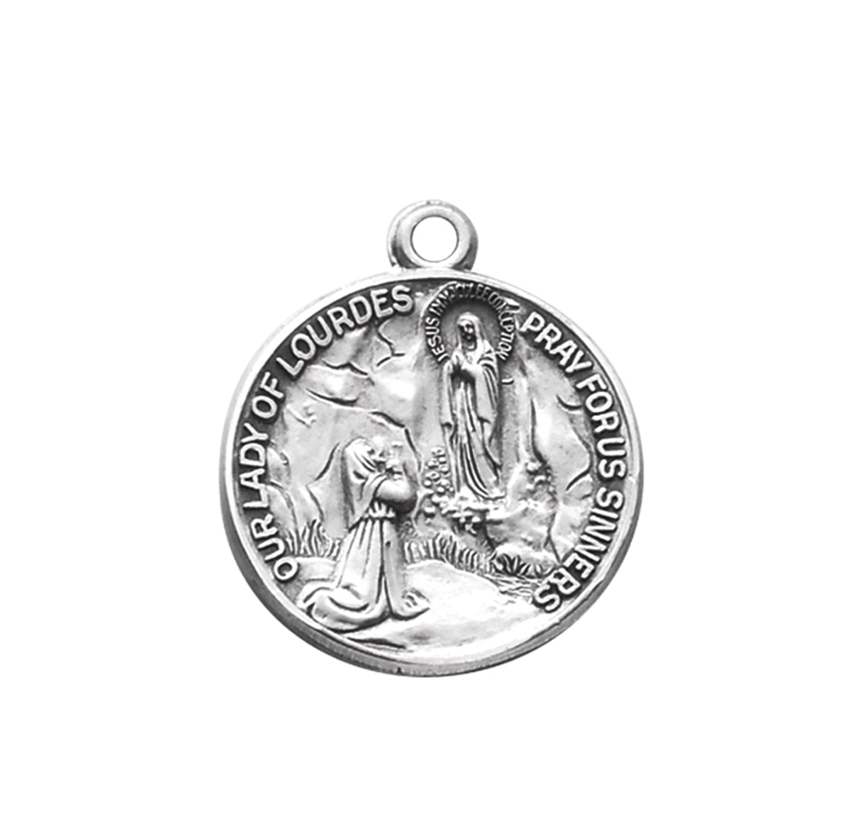 Our Lady of Lourdes Round Sterling Silver Medal Pendant with Chain