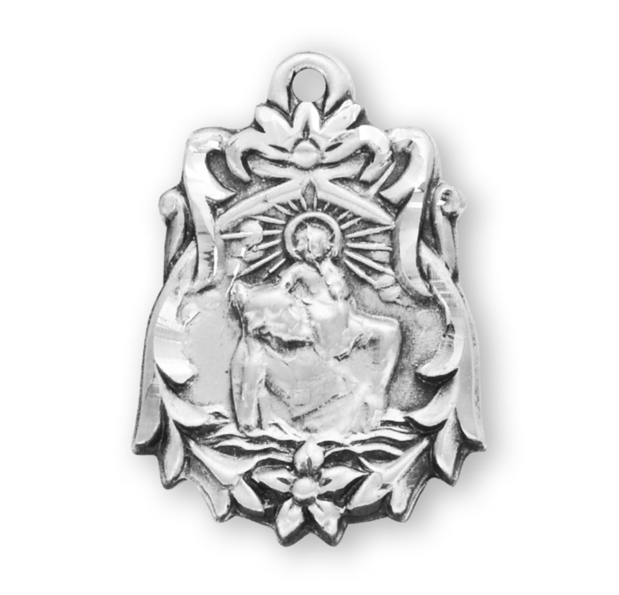 Saint Christopher Floral Bordered Sterling Silver Medal Pendant with Chain