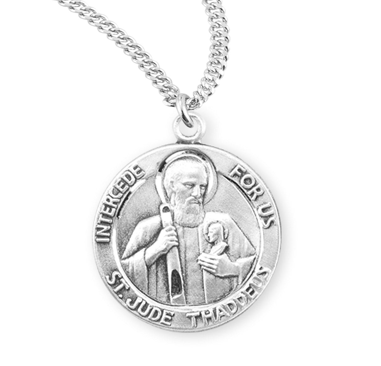 Saint Jude Thaddeus Round Sterling Silver Medal Pendant with Chain