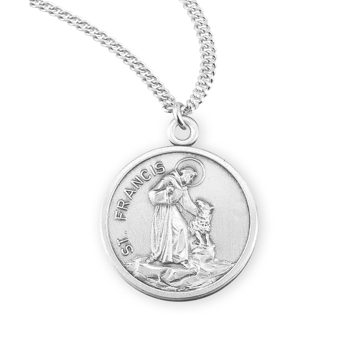 Saint Francis of Assisi Round Sterling Silver Medal Pendant with Chain