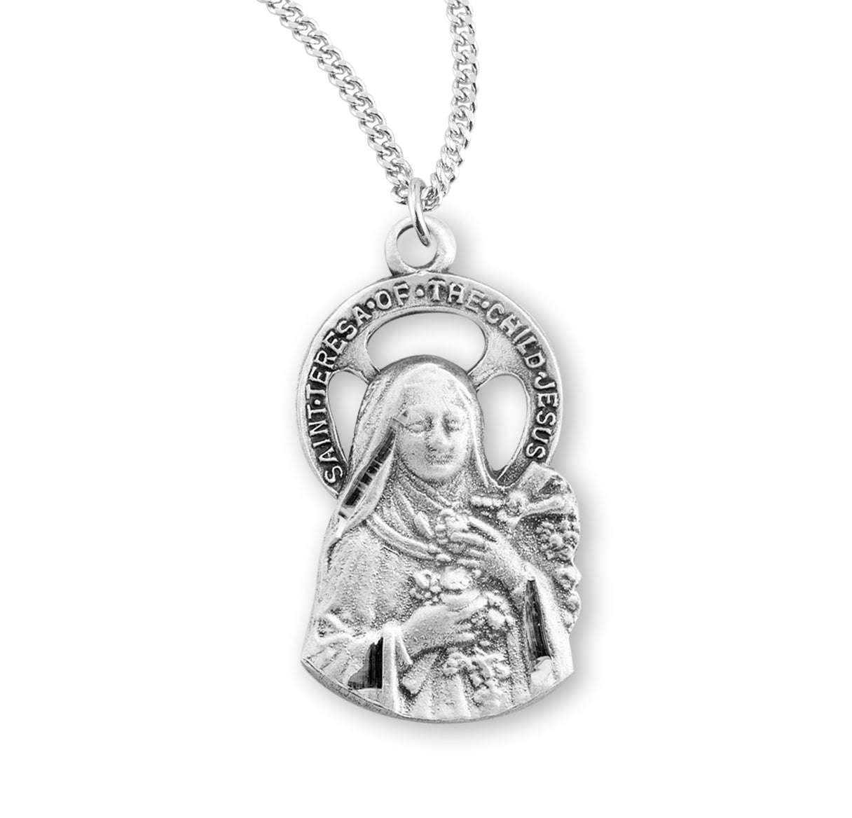 Saint Therese of Lisieux Cut Out Sterling Silver Medal Pendant with Chain