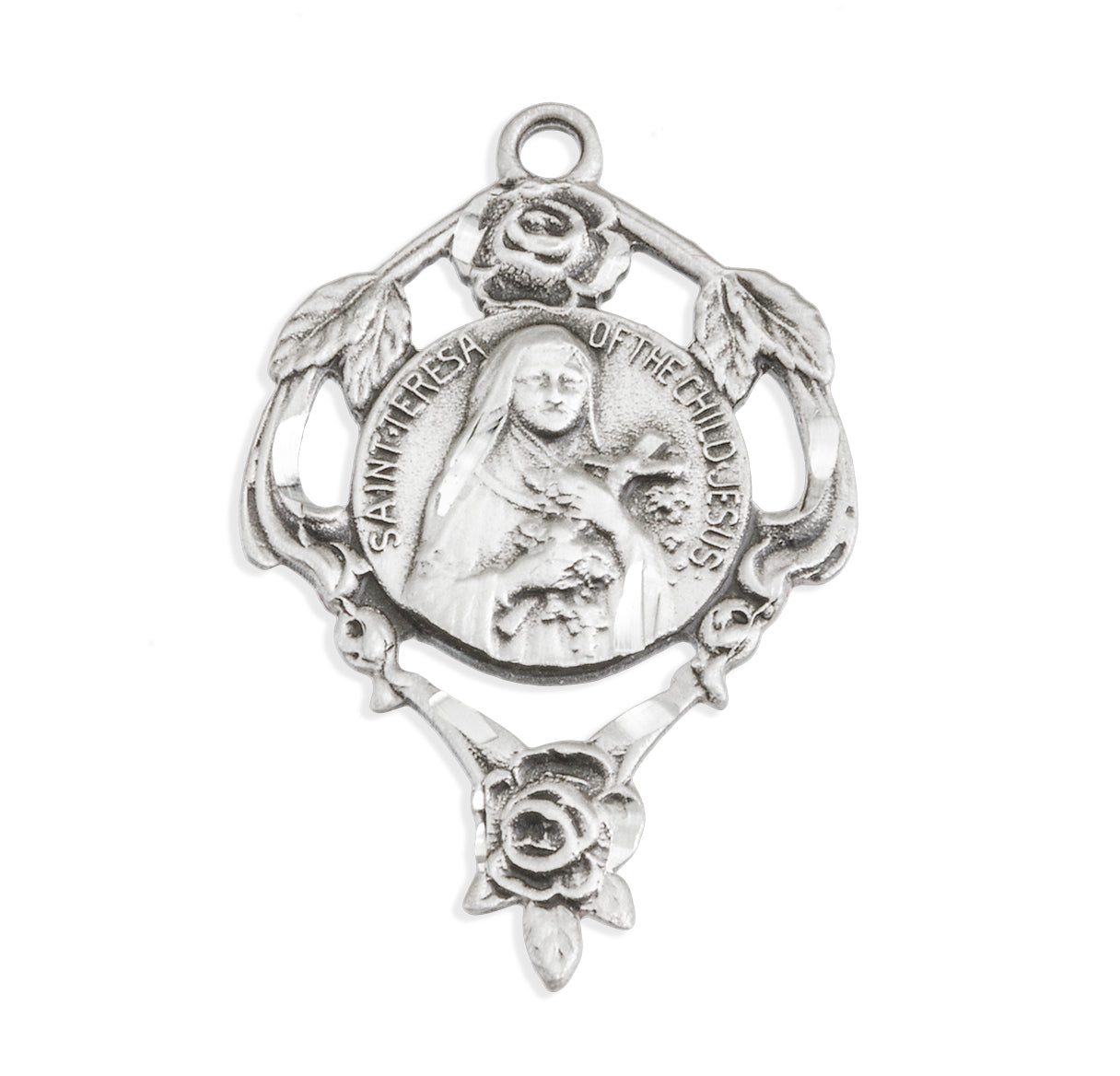 Saint Therese Round Sterling Silver Medal Pendant with Chain