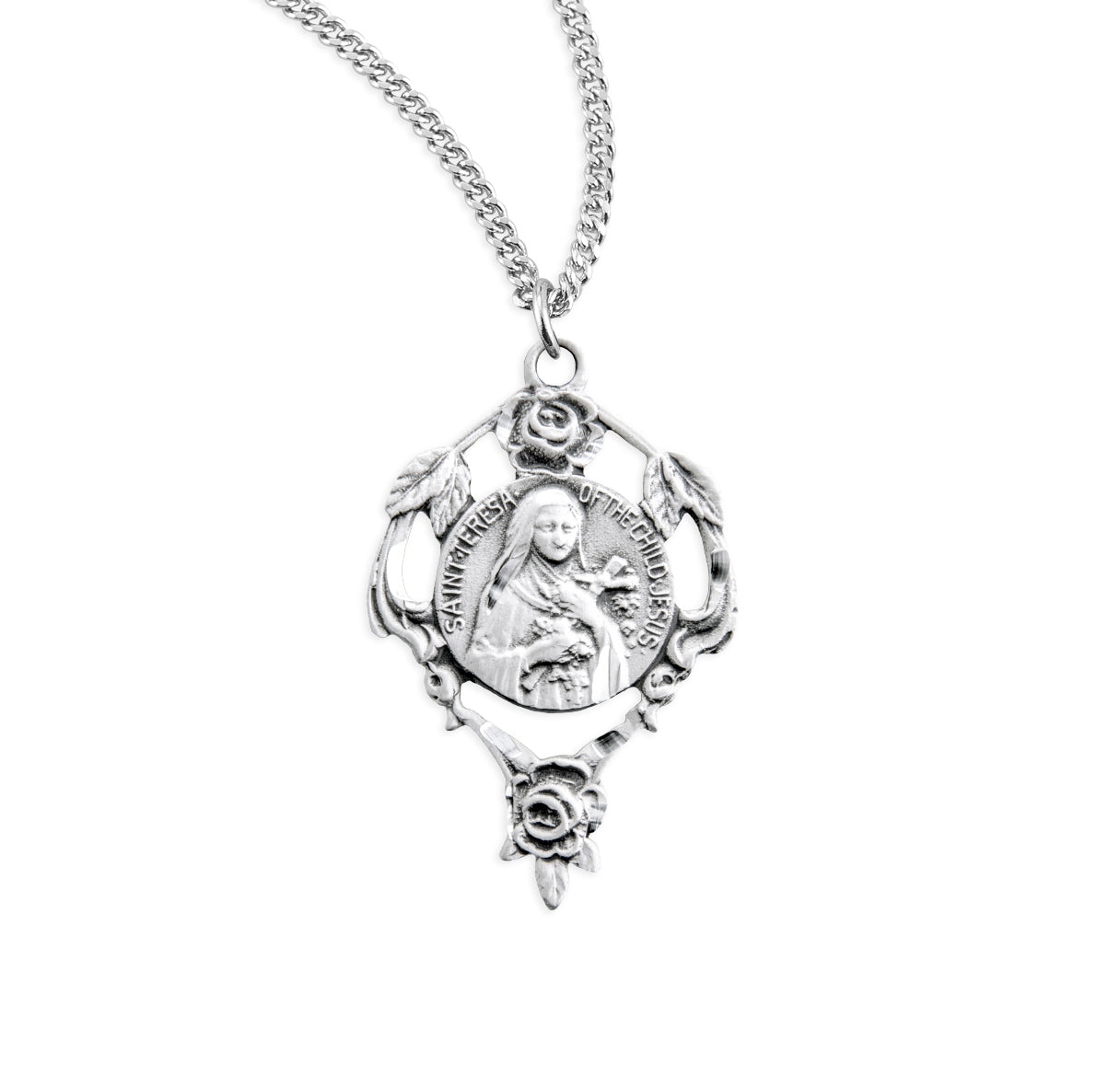 Saint Therese Round Sterling Silver Medal Pendant with Chain