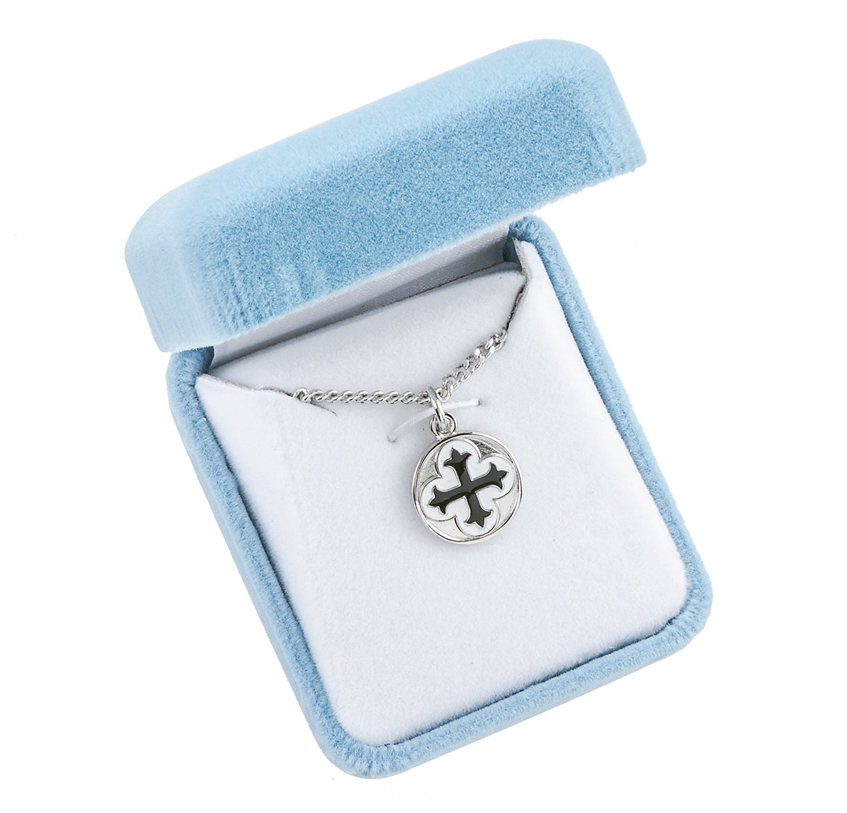 Sterling Silver Round Clover Cross Medal with Black Epoxy