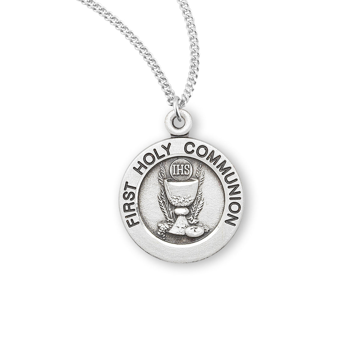 First Communion Round Sterling Silver Medal Pendant with Chain