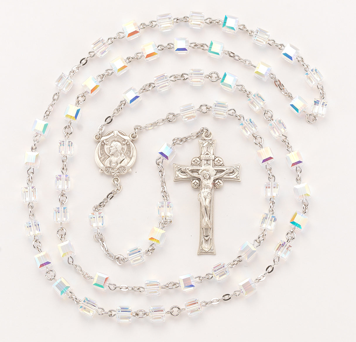 Sterling Silver Rosary handmade with finest Austrian Crystal 6mm Aurora Borealis Faceted Cube Shape Beads by HMH | .925 Silver