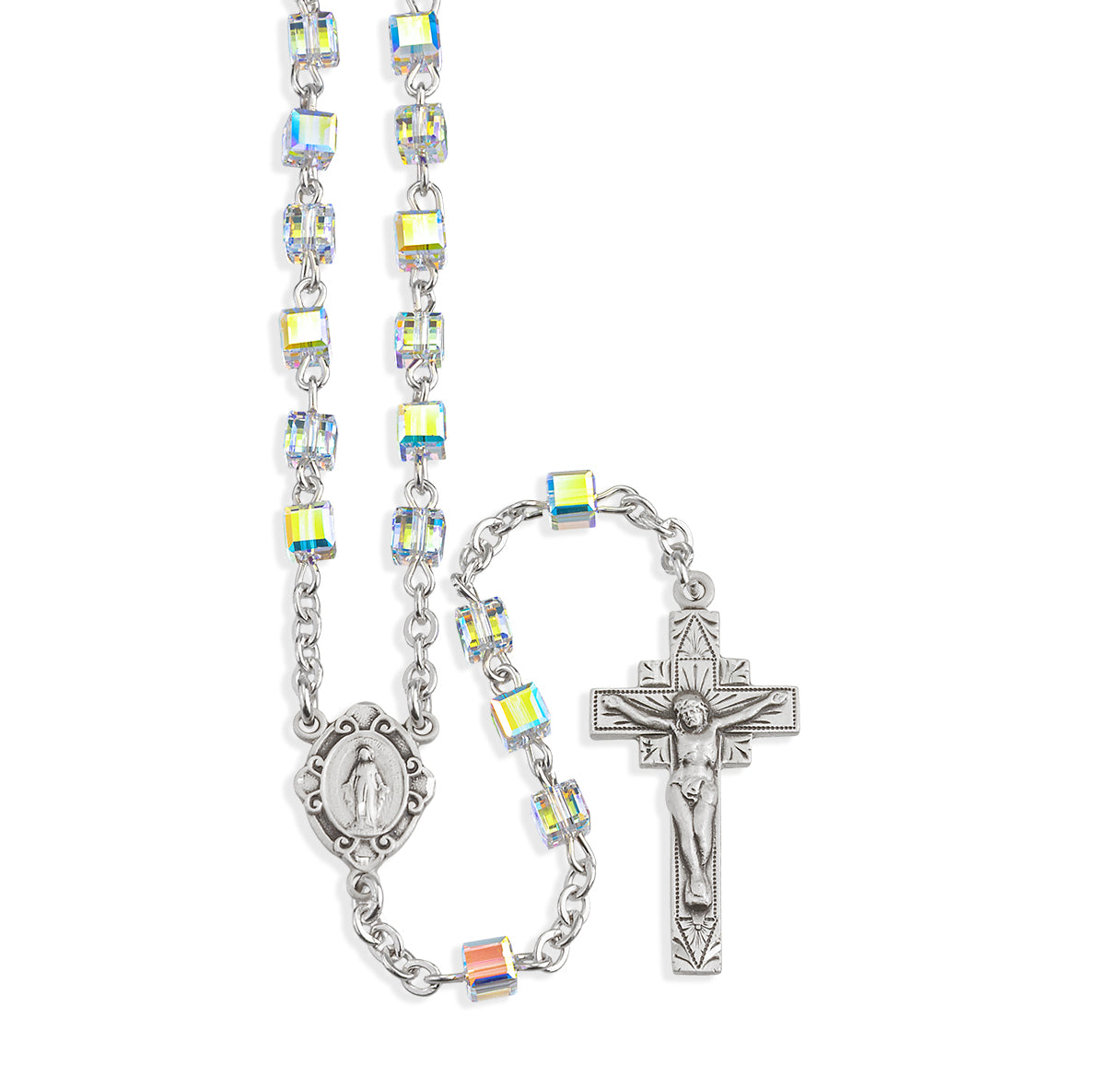 Sterling Silver Rosary handmade with finest Austrian Crystal 4mm Aurora Borealis Cube Shape Beads by HMH | .925 Silver