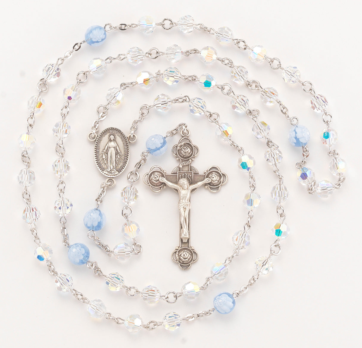 Sterling Silver Rosary handmade with finest Austrian Crystal 7mm Aurora Borealis Round Beads and Blue Murano Glass Round Beads by HMH