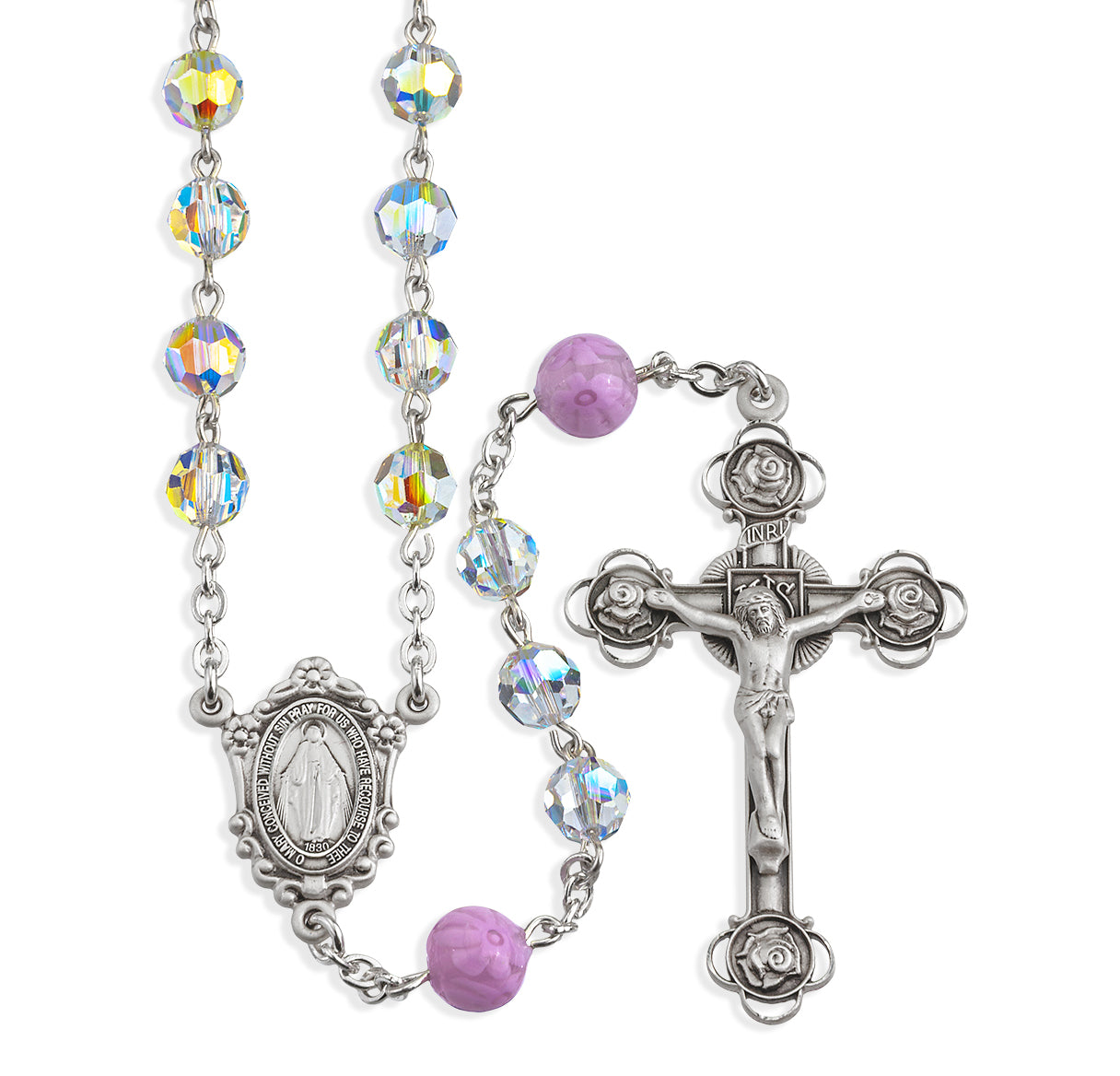 Sterling Silver Rosary handmade with finest Austrian Crystal 7mm Aurora Borealis Round Beads and Pink Murano Glass Round Beads by HMH