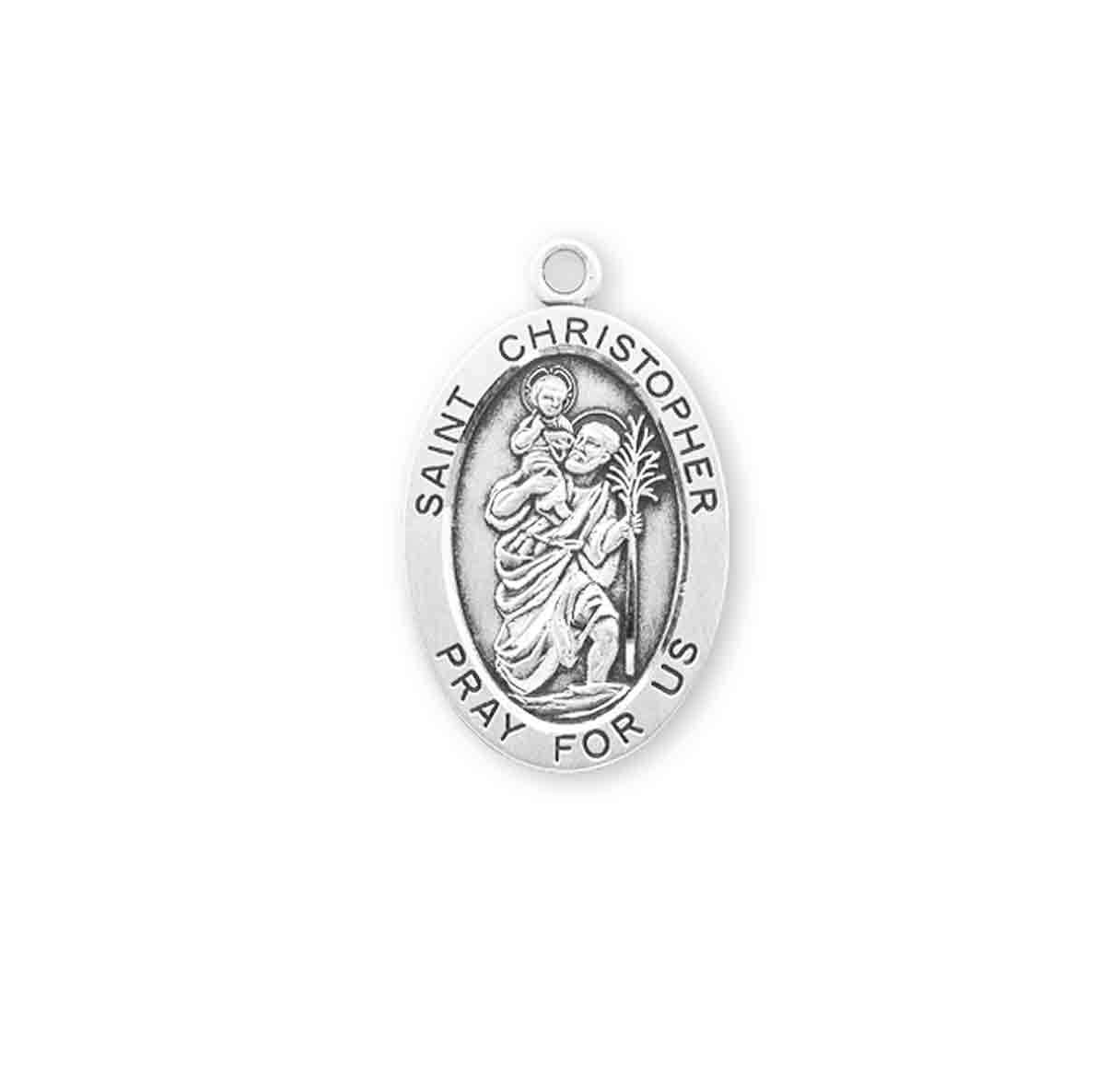 Patron Saint Christopher Oval Sterling Silver Medal Pendant with Chain