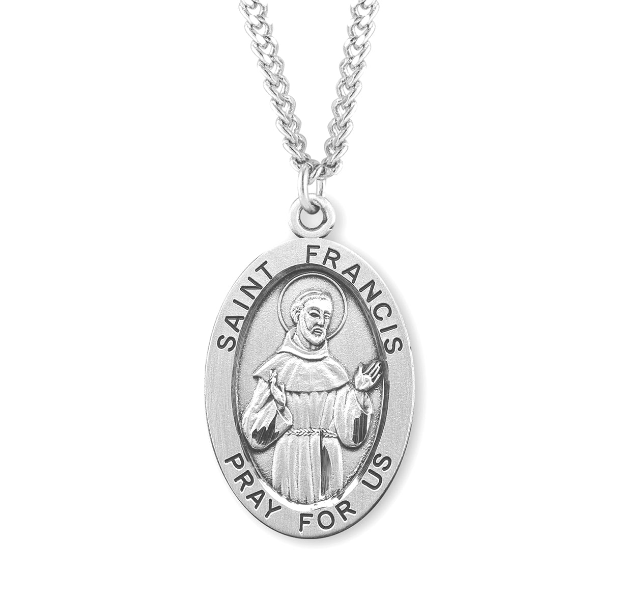 Patron Saint Francis of Assisi Oval Sterling Silver Medal Pendant with Chain