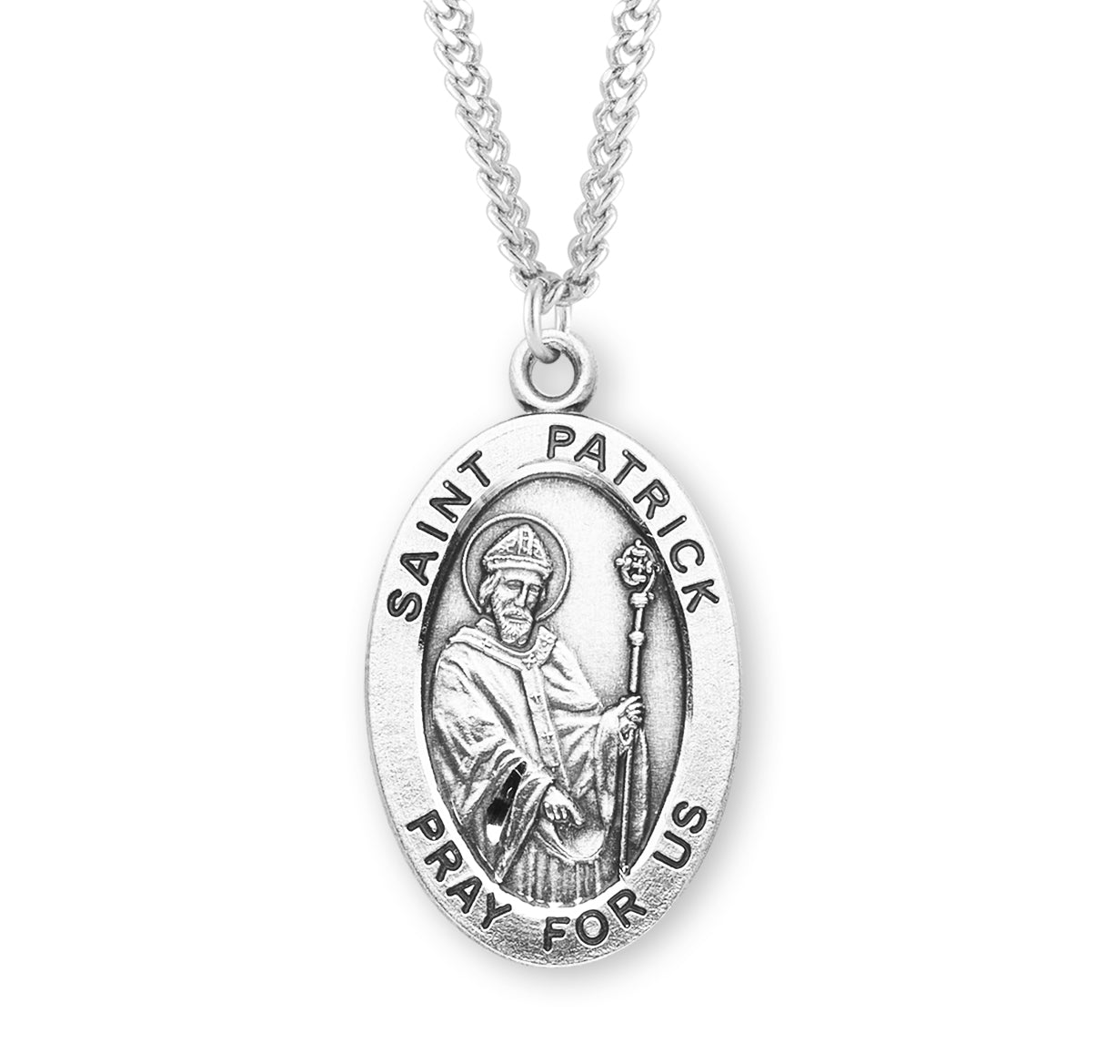 Patron Saint Patrick Oval Sterling Silver Medal Pendant with Chain