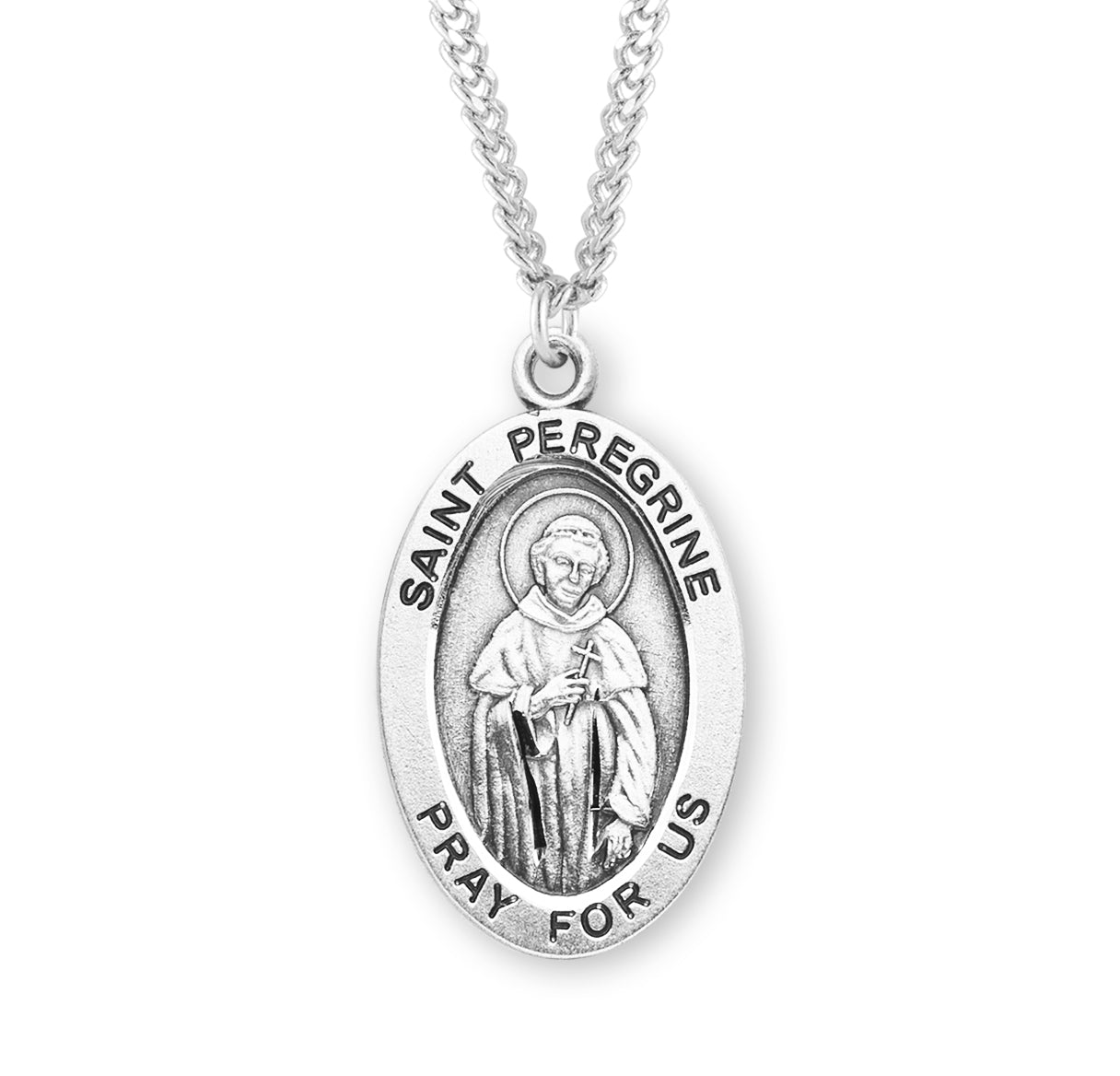 Patron Saint Peregrine Oval Sterling Silver Medal Pendant with Chain