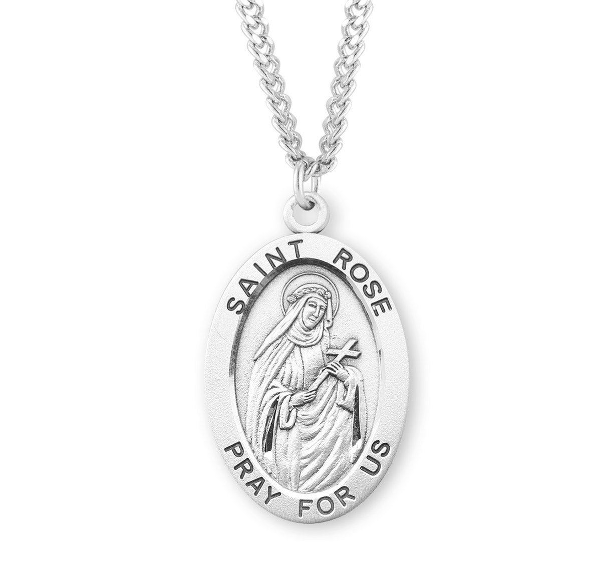 Patron Saint Rose Oval Sterling Silver Medal Pendant with Chain