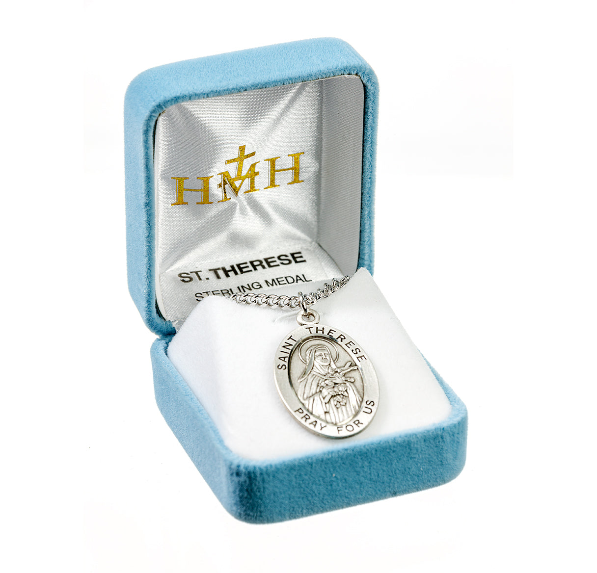 Patron Saint Therese of Lisieux Oval Sterling Silver Medal Pendant with Chain