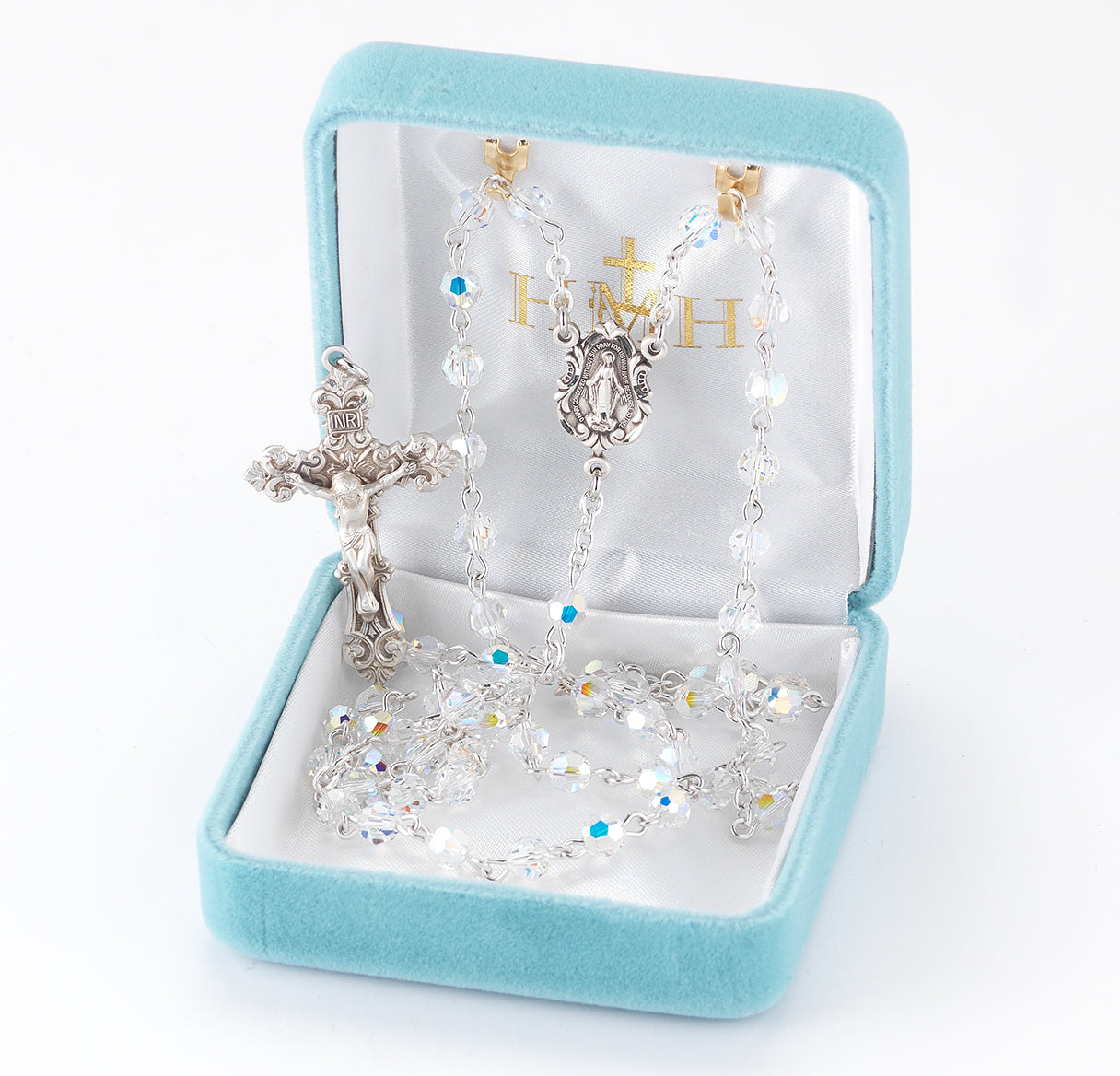 Sterling Silver Rosary Hand Made with finest Austrian Crystal 5mm Aurora Borealis Faceted Round Beads by HMH