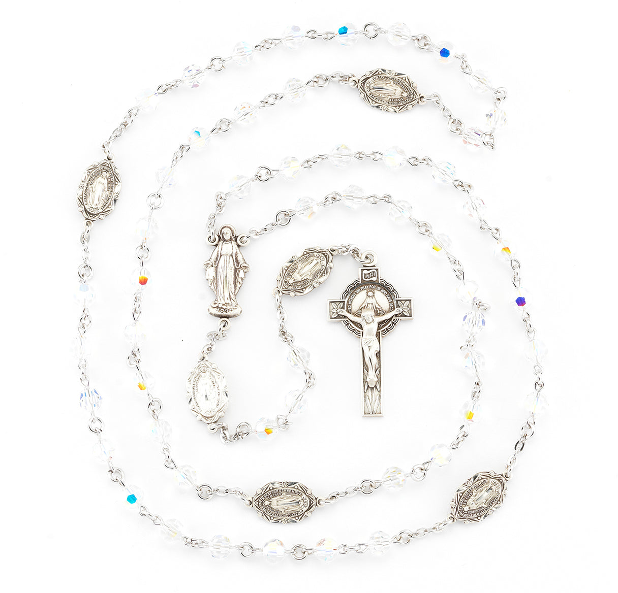 Sterling Silver Rosary Hand Made with finest Austrian Crystal 6mm Aurora Borealis Faceted Round Beads by HMH