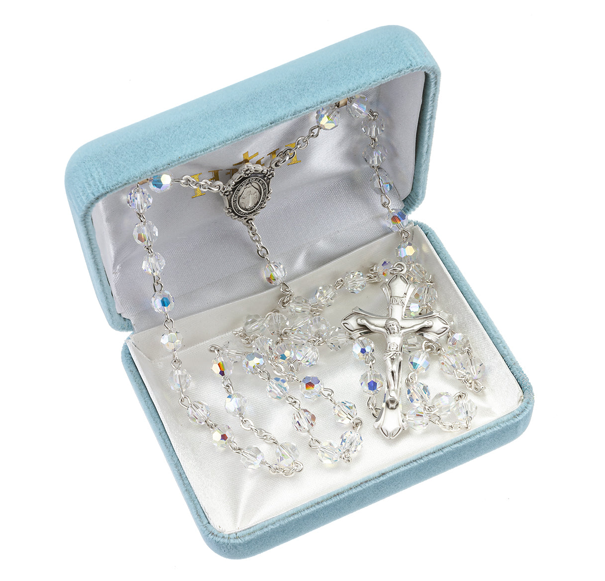 Sterling Silver Rosary Hand Made with finest Austrian Crystal 6mm Aurora Borealis Faceted Round Beads by HMH