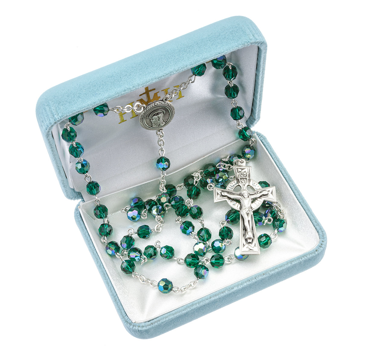 Sterling Silver Rosary Hand Made with finest Austrian Emerald Crystal 6mm Faceted Round Beads by HMH