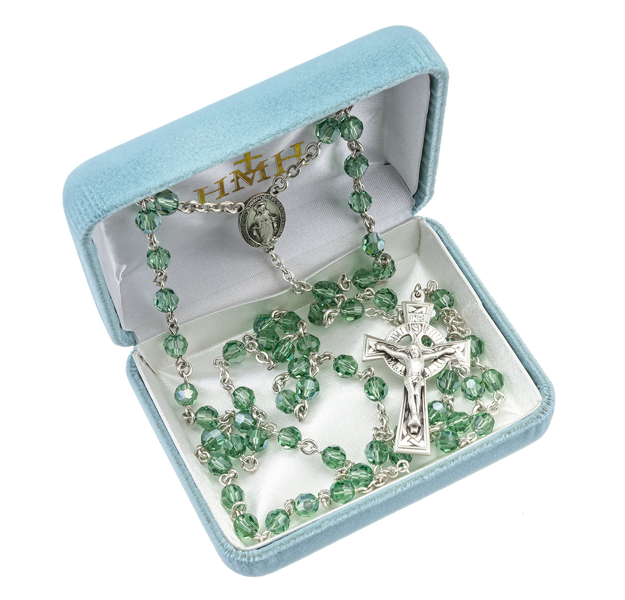 Sterling Silver Rosary Hand Made with finest Austrian Crystal 6mm Erinite Faceted Round Beads by HMH