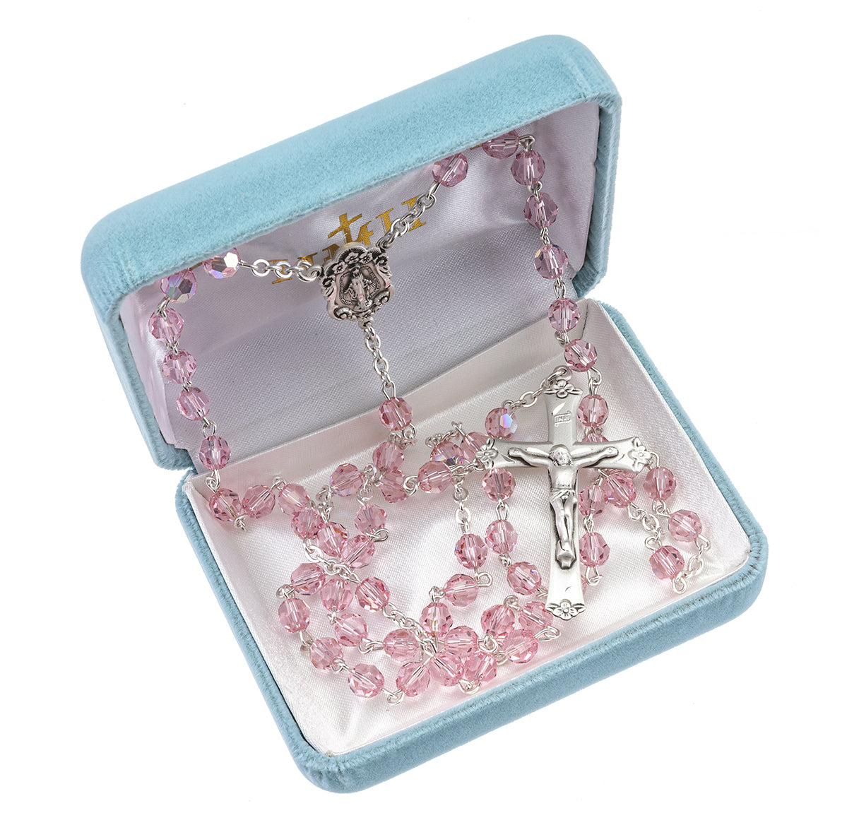 Sterling Silver Rosary Hand Made with finest Austrian Crystal 6mm Light Rose Faceted Round Beads by HMH