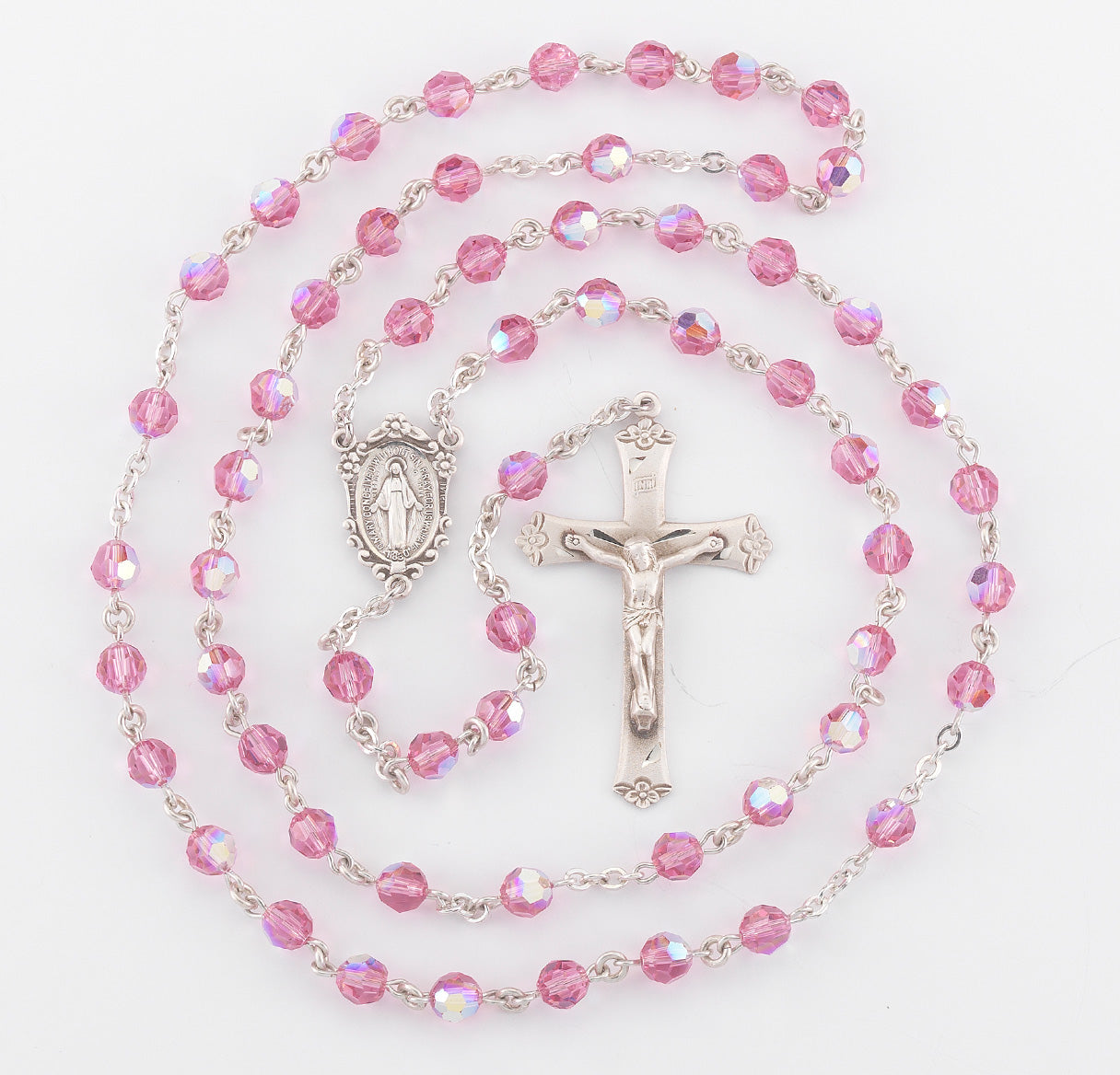 Sterling Silver Rosary Hand Made with finest Austrian Crystal 6mm Pink Faceted Round Beads by HMH