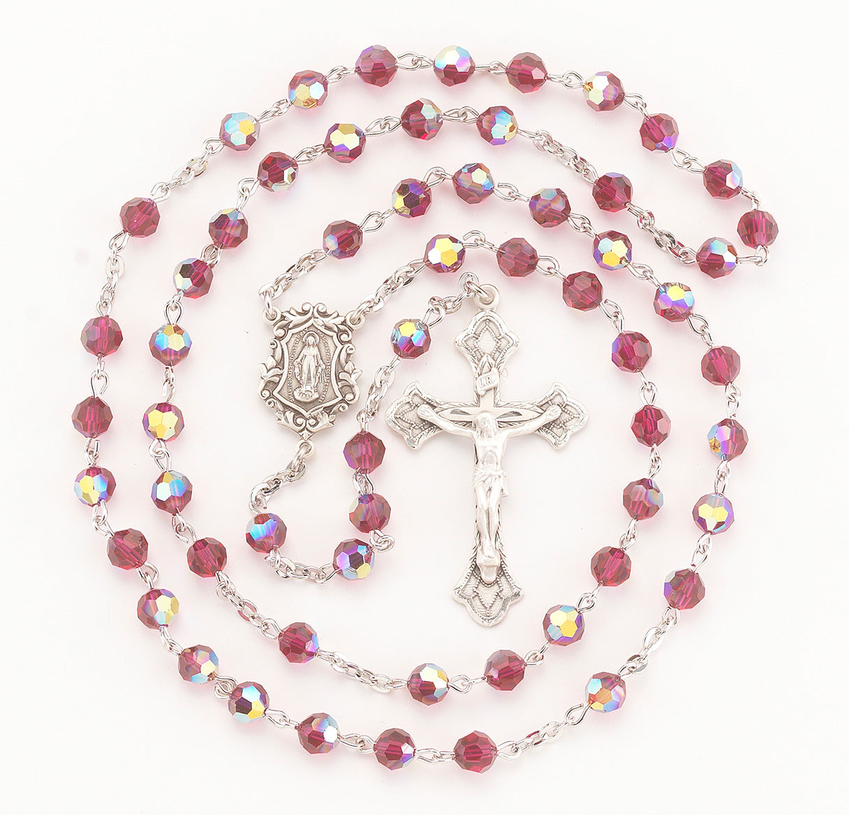 Sterling Silver Rosary Hand Made with finest Austrian Crystal 6mm Ruby Faceted Round Beads by HMH