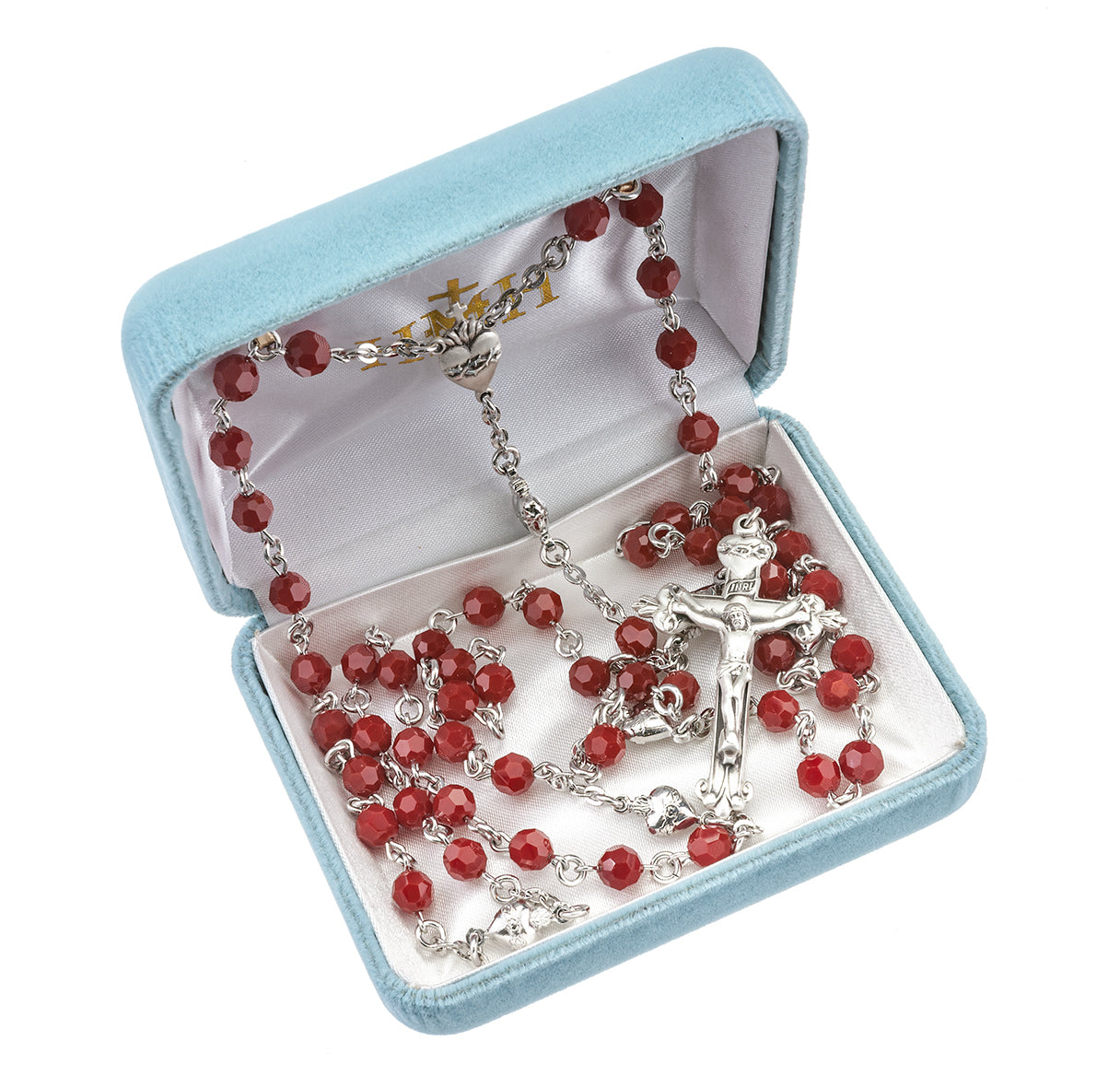 Sterling Silver Rosary Hand Made with finest Austrian Crystal 6mm Red Coral Faceted Round Beads by HMH