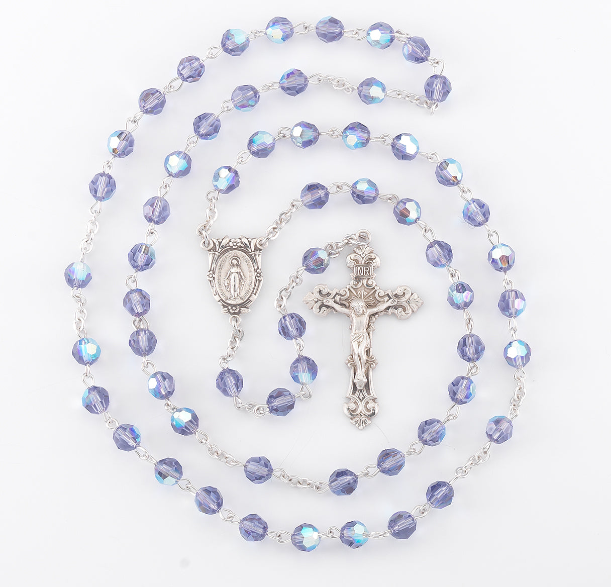 Sterling Silver Rosary Hand Made with finest Austrian Crystal 6mm Tanzanite Faceted Round Beads by HMH