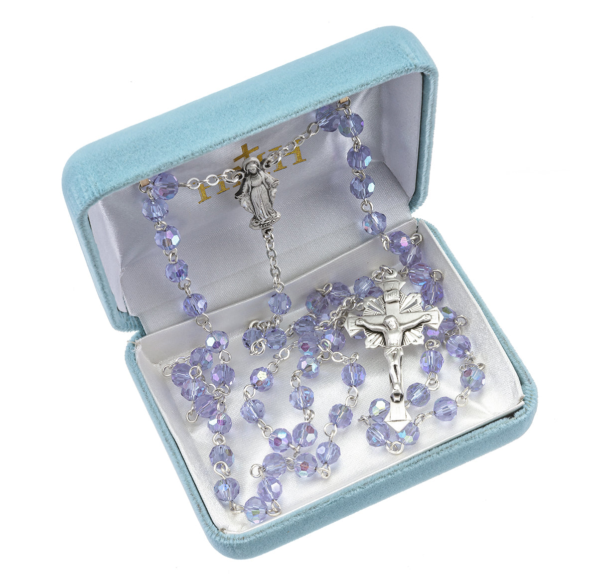 Sterling Silver Rosary Hand Made with finest Austrian Crystal 6mm Violet Faceted Round Beads by HMH