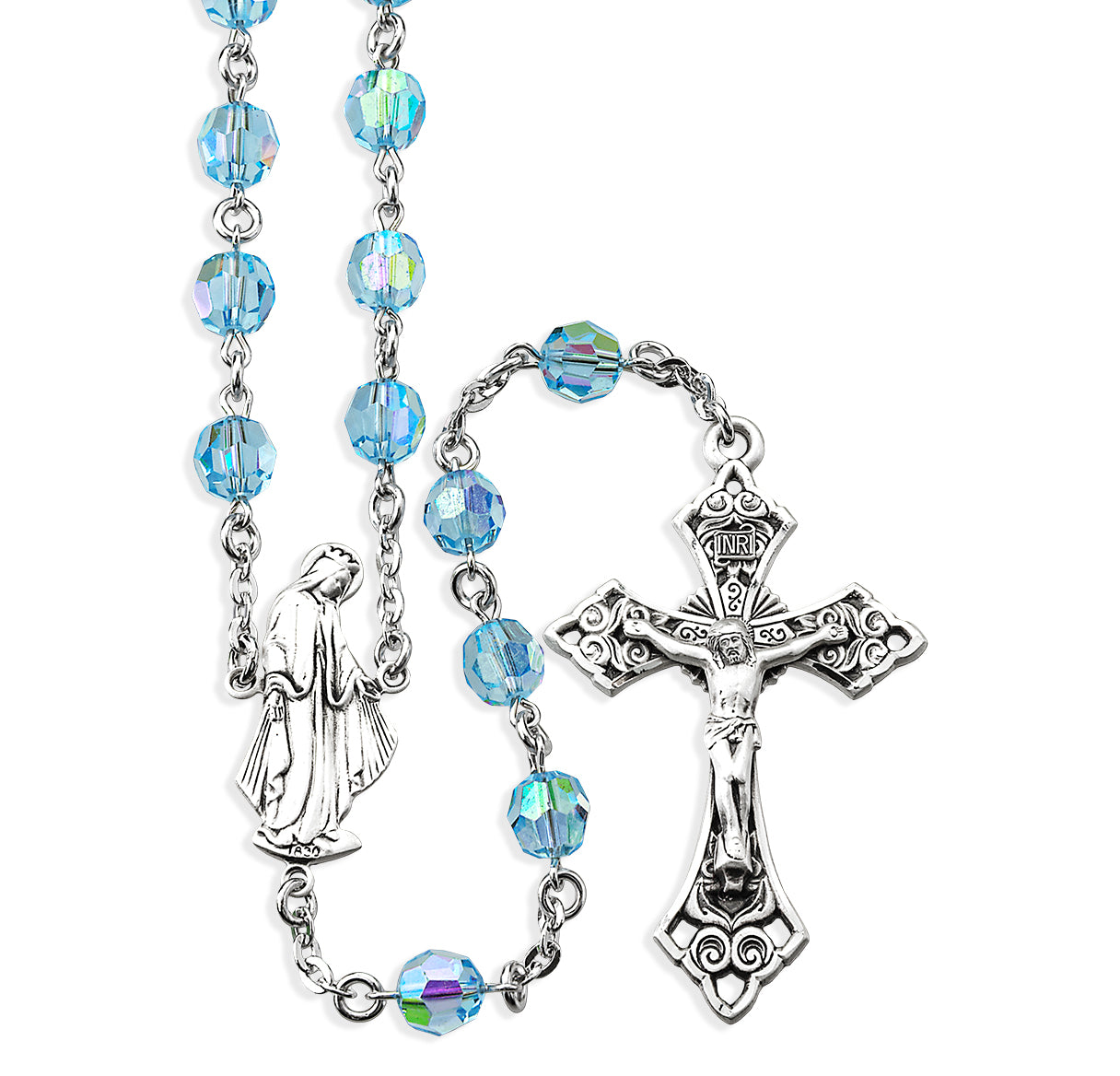 Sterling Silver Rosary Hand Made with Finest Austrian Crystal 7mm Aqua Round Faceted Beads by HMH