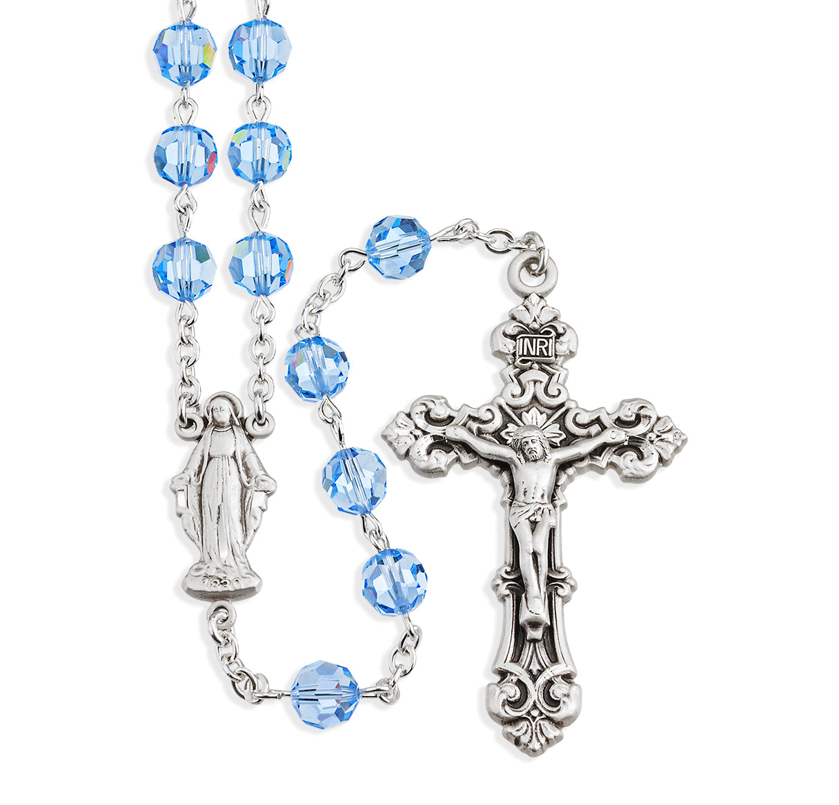 Sterling Silver Rosary Hand Made with finest Austrian Crystal 6mm Light Sapphire Faceted Round Beads by HMH
