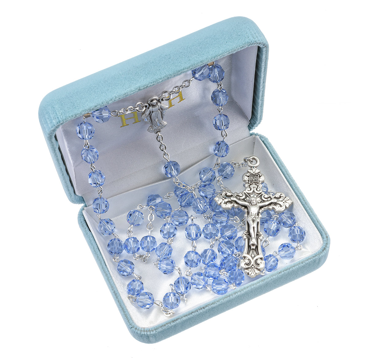 Sterling Silver Rosary Hand Made with finest Austrian Crystal 6mm Light Sapphire Faceted Round Beads by HMH
