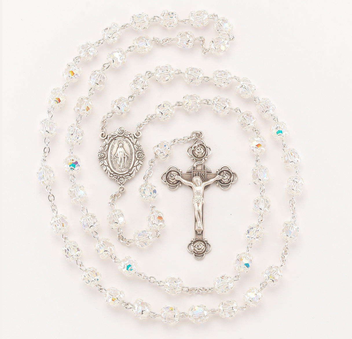 Sterling Silver Rosary Hand Made with finest Austrian Crystal 7mm Aurora Borealis Medium Double Capped Beads by HMH