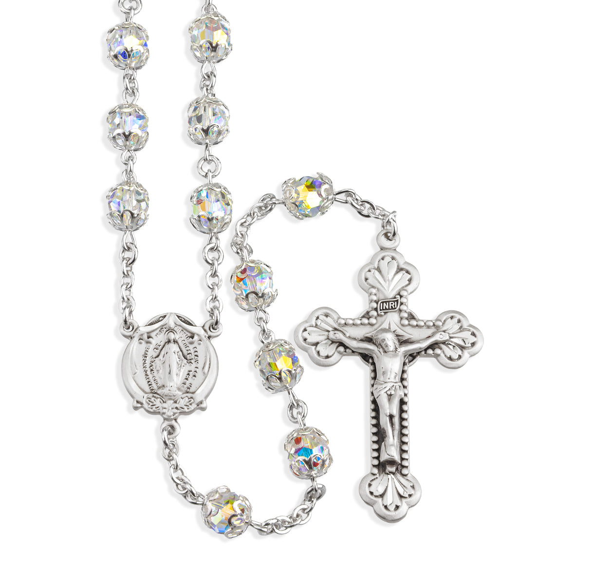 Sterling Silver Rosary Hand Made with finest Austrian Crystal 7mm Aurora Borealis Medium Double Capped Beads by HMH