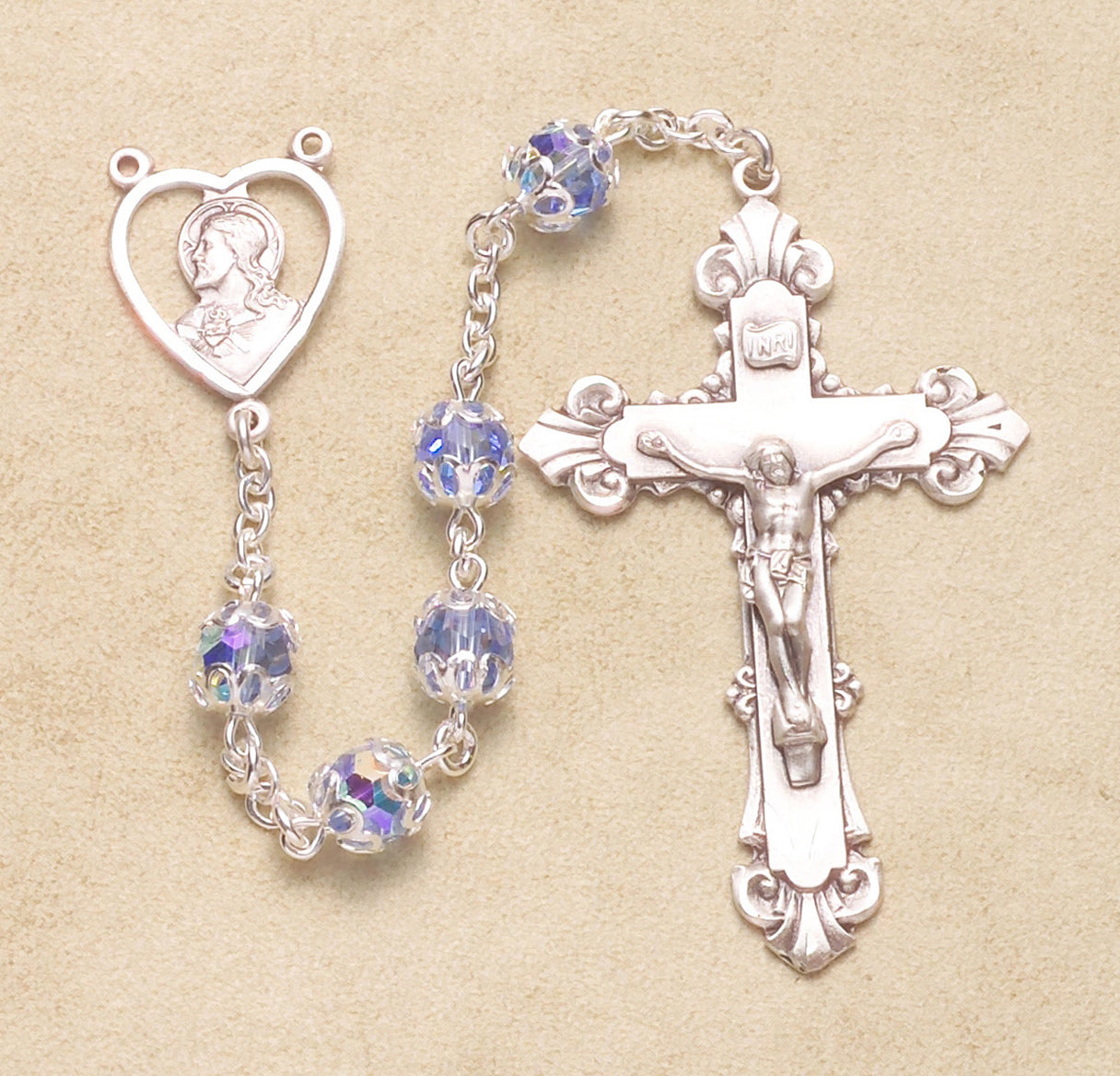 Sterling Silver Rosary Hand Made with finest Austrian Crystal 7mm Light Sapphire Medium Double Capped Finest Crystal Beads by HMH