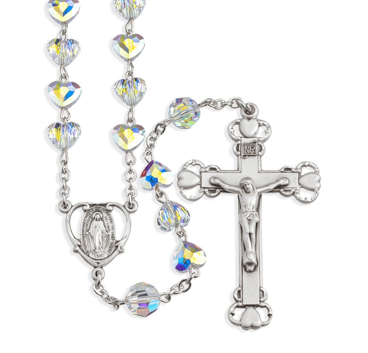 Sterling Silver Rosary Hand Made with finest Austrian Crystal 8mm Aurora Borealis Heart Shape Beads by HMH | .925 Silver