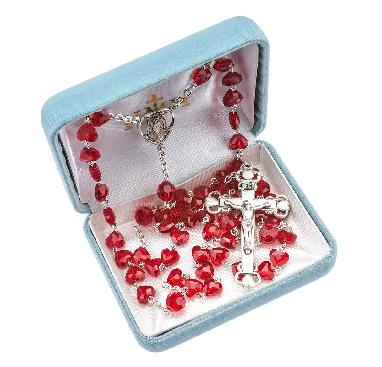 Sterling Silver Rosary Hand Made with finest Austrian Crystal 8mm Red Heart Shape Beads by HMH