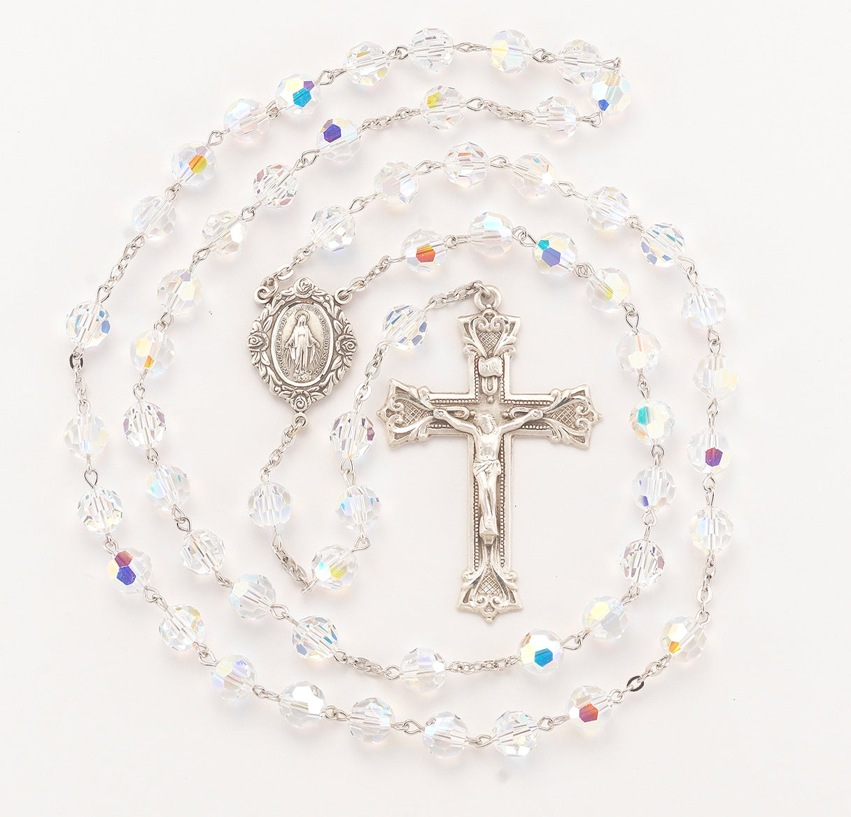 Sterling Silver Rosary Hand Made with finest Austrian Crystal 8mm Aurora Borealis Beads by HMH | .925 Silver