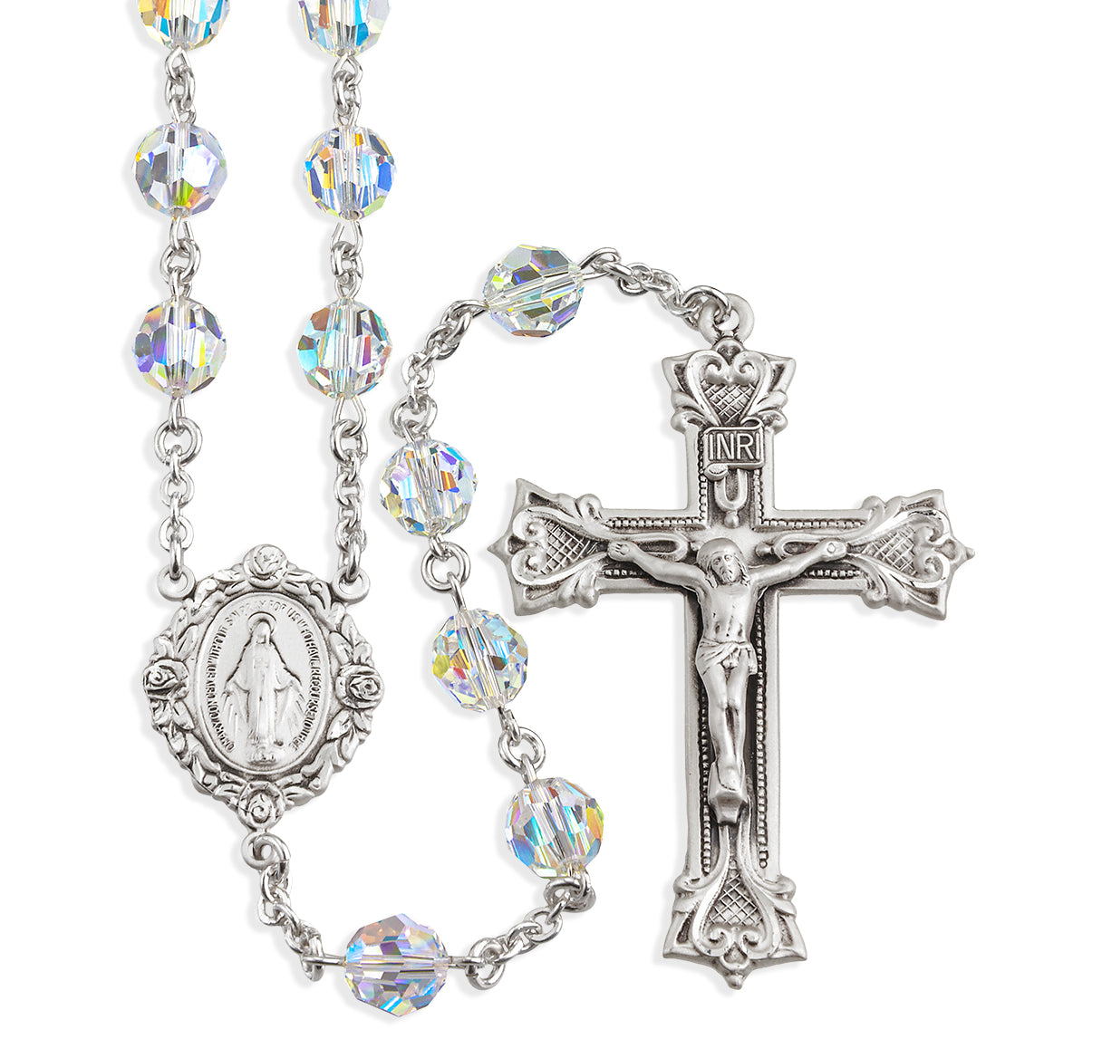 Sterling Silver Rosary Hand Made with finest Austrian Crystal 8mm Aurora Borealis Beads by HMH | .925 Silver