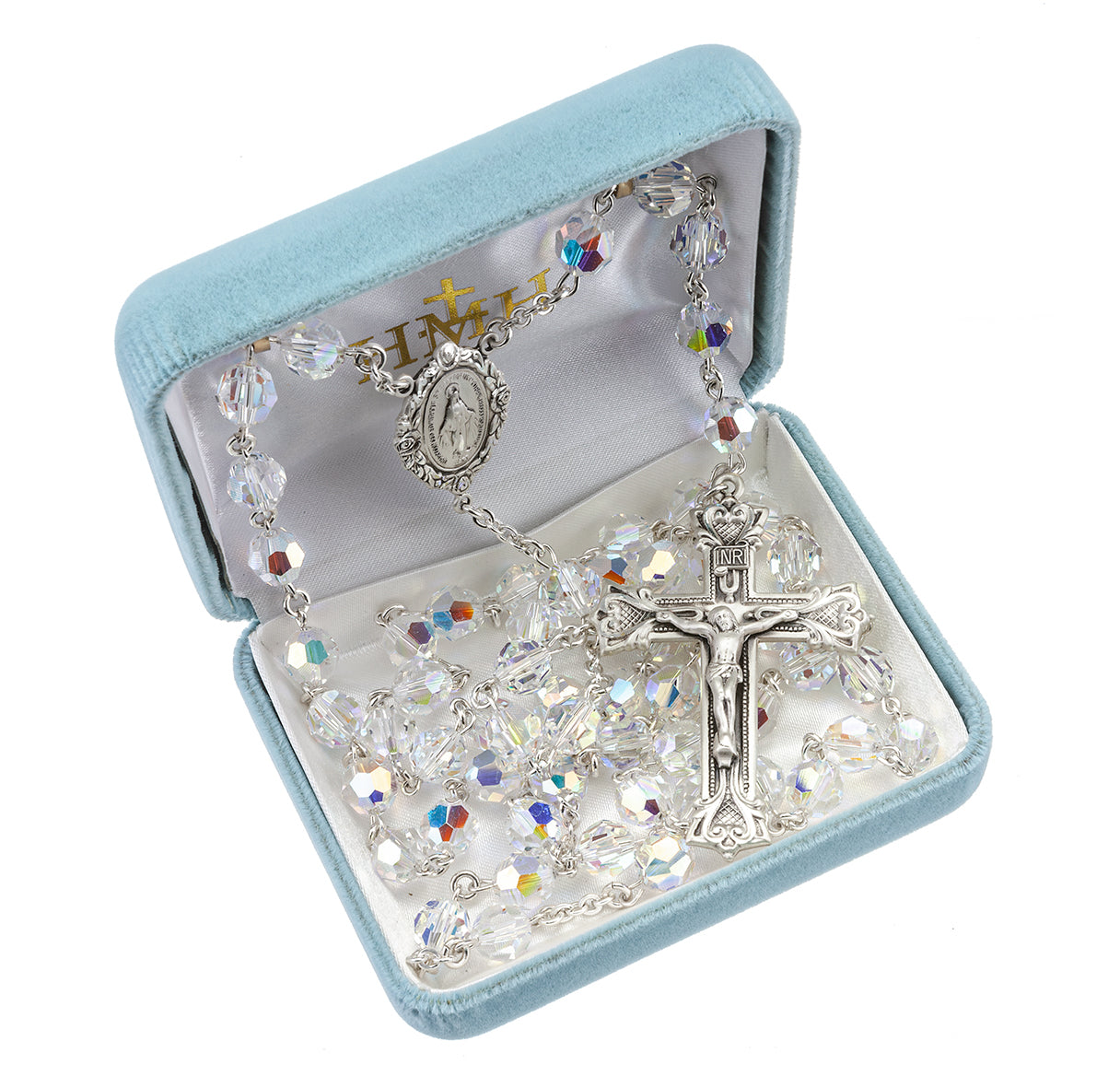 Sterling Silver Rosary Hand Made with finest Austrian Crystal 8mm Aurora Borealis Beads by HMH | .925 Silver