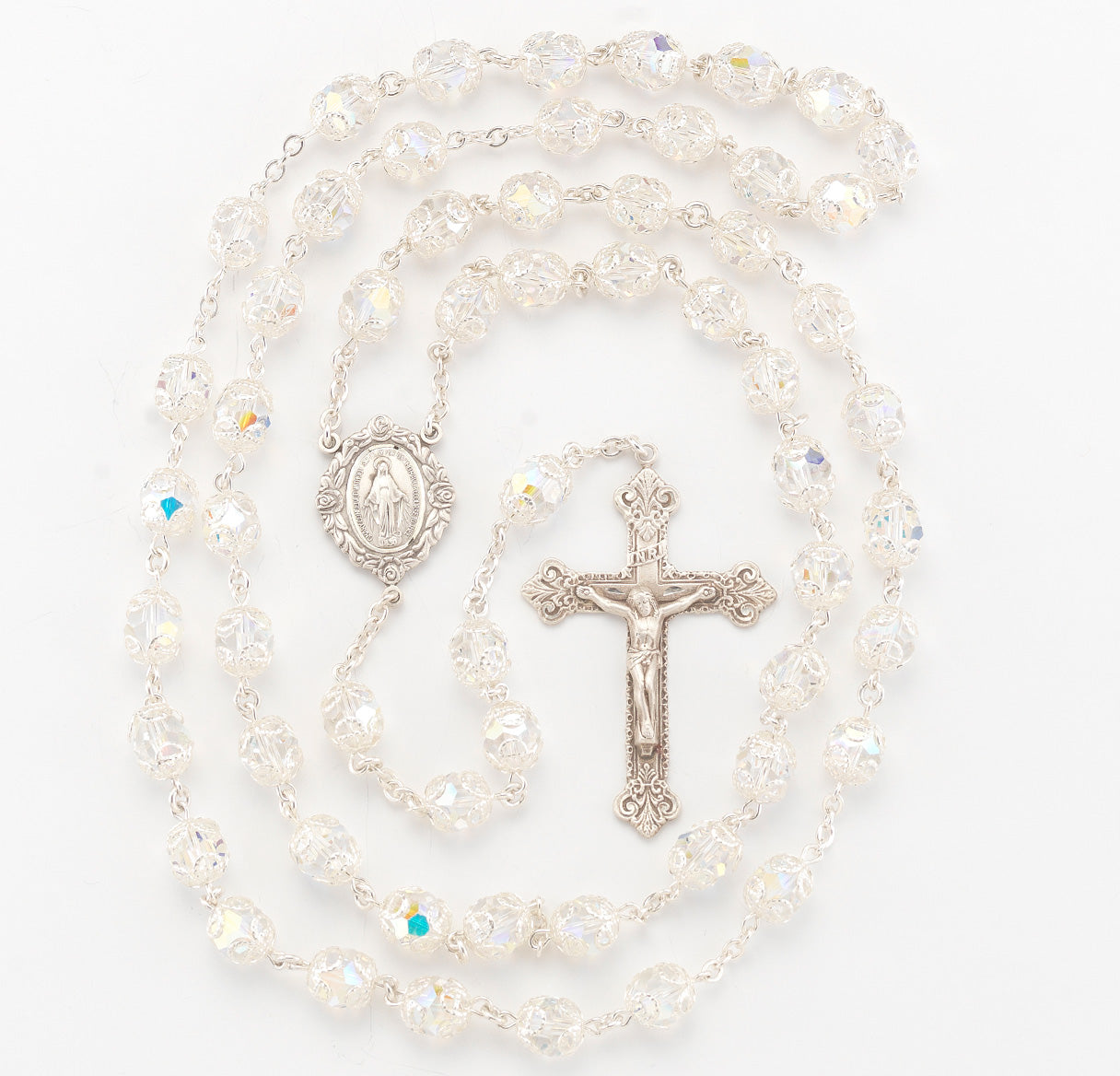 Sterling Silver Rosary Hand Made with finest Austrian Crystal 8mm Aurora Borealis Double Capped Beads by HMH | .925 Silver
