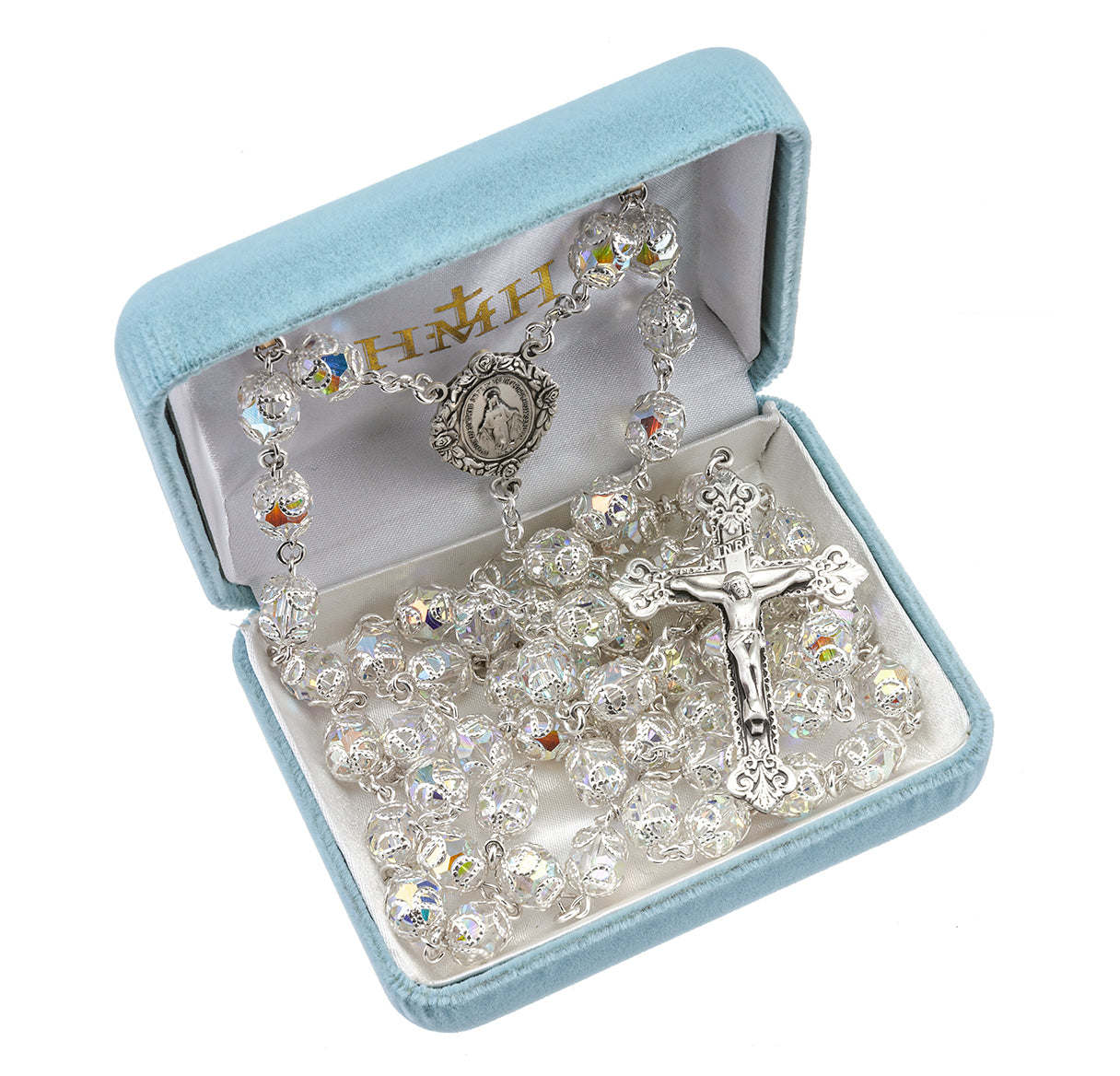Sterling Silver Rosary Hand Made with finest Austrian Crystal 8mm Aurora Borealis Double Capped Beads by HMH | .925 Silver